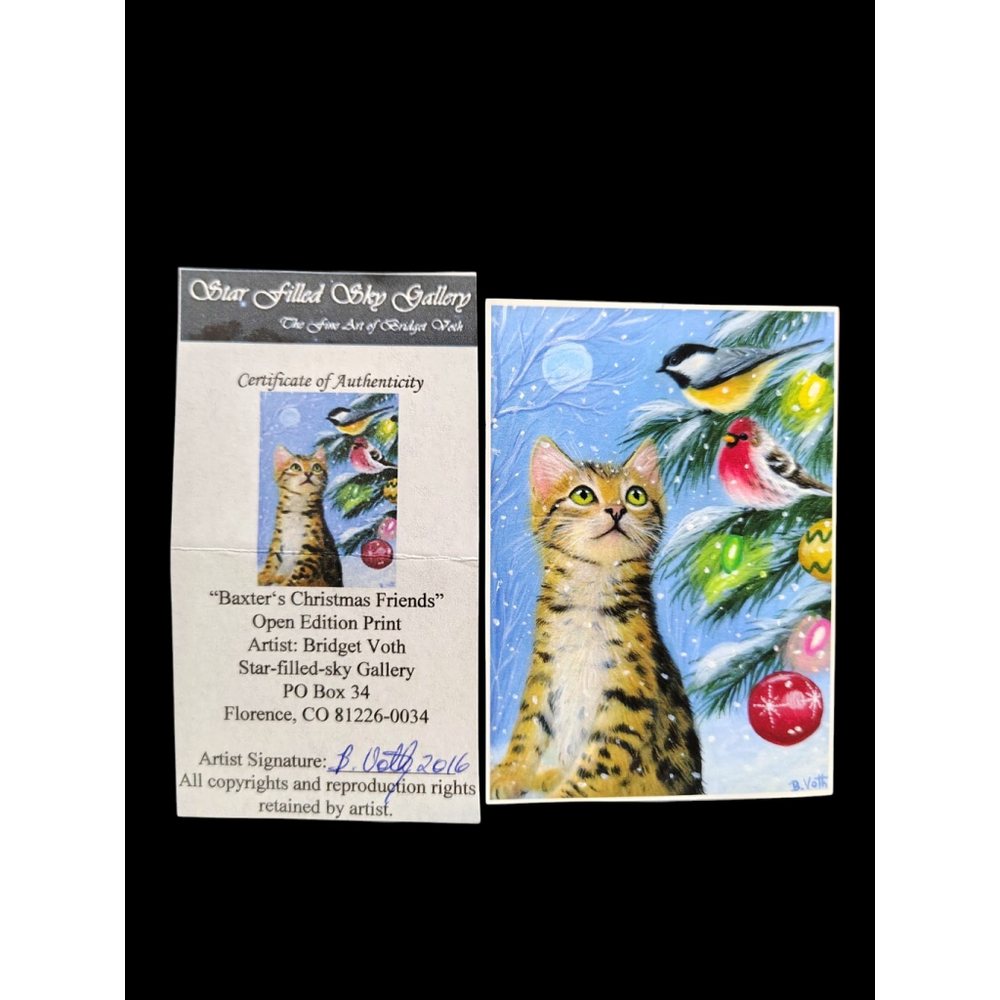 ACEO Bridget Voth Print Christmas Cat "Baxters Christmas .." Sign/W/certificate